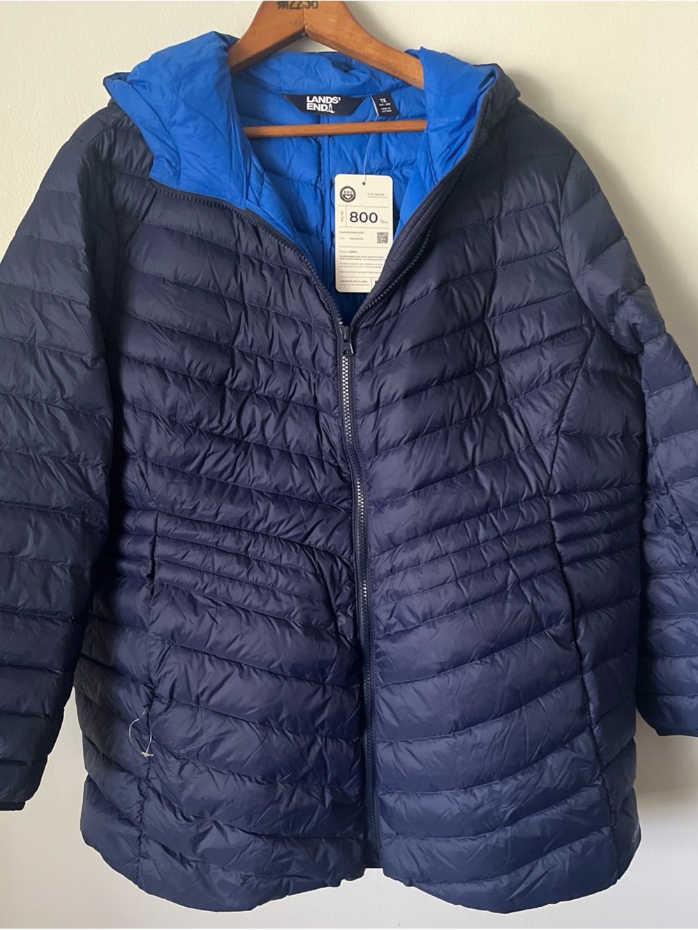LANDS' END Women's Packable Hyperdry Down 800 Jacket Zip Hood Blue 1X 16-18W NWT